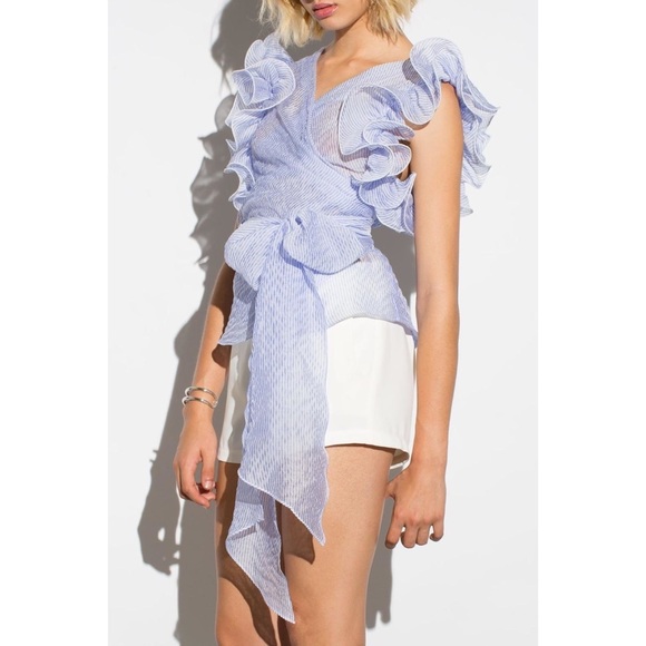 Amanda Uprichard  Wrap Top Malin Nantucket Blue White Striped Ruffle Blouse - Picture 11 of 11
